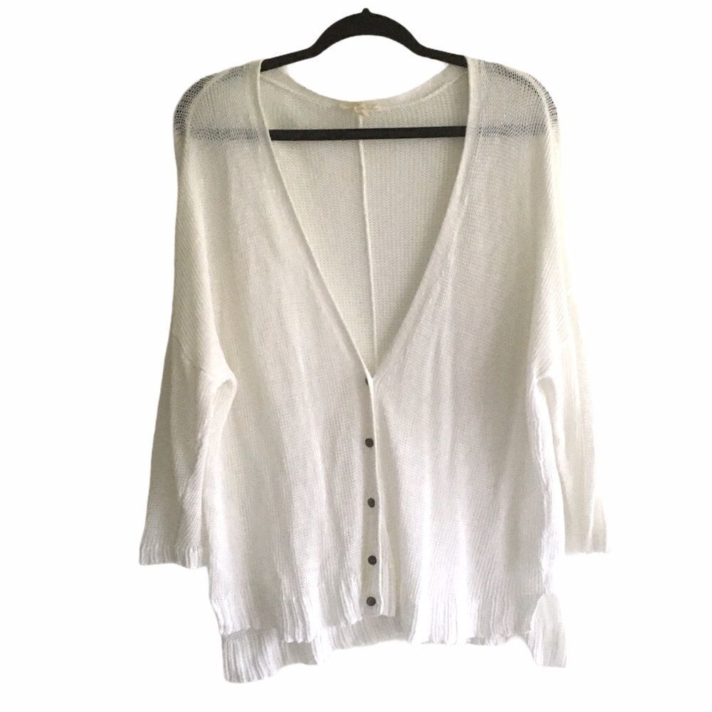 EILEEN FISHER Linen Knit V-Neck Button Front Cardigan Sweater White L